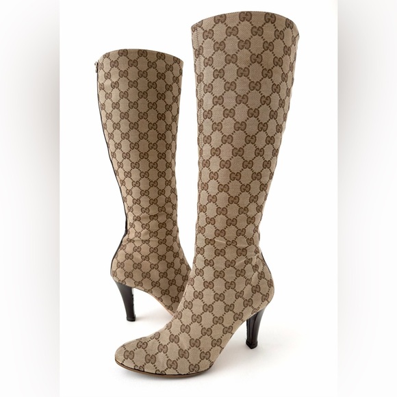 Gucci Shoes - Gucci Beige Monogram Knee-High Heeled Boots